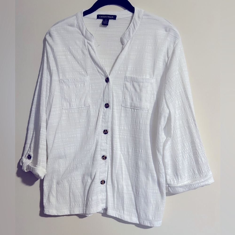 Button front with roll sleeves and crew collar